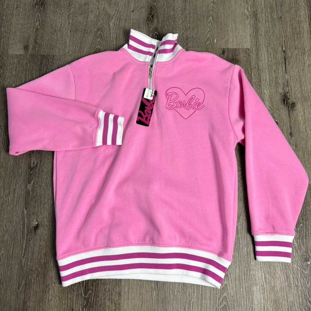 NEW Barbie Women's M Pink Varsity Style‎ Pullover Sweatshirt 1/4 Zip Embroidery